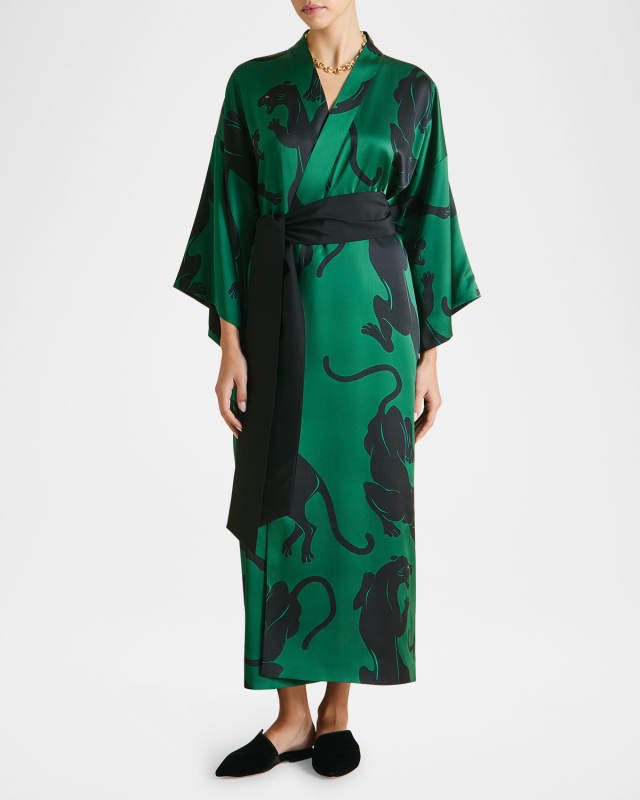 Queenie Panther-Print Silk Robe